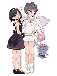  1boy :d bag black_hair boots calem_(pokemon) closed_mouth coat commentary cosplay crossdressing diantha_(pokemon) diantha_(pokemon)_(cosplay) diantha_(sygna_suit)_(pokemon) dress earrings espurr eyelashes female gloves grey_eyes hand_on_own_hip hand_up handbag heart highres jewelry knees long_sleeves necklace open_clothes open_coat open_mouth pink_bag pokemon pokemon_(creature) pokemon_masters_ex pokemon_xy sana_(37pisana) shiny_skin short_hair smile standing white_background white_coat white_footwear 