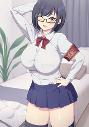  absurdres arm_up armband bed bed_sheet black_hair black_thighhighs blue_skirt blush breasts collared_shirt commentary_request curtains female glasses hand_on_own_hip highres indoors large_breasts lips looking_at_viewer one_eye_closed open_mouth original pillow pleated_skirt purple_eyes sakamata_(sakamata4) semi-rimless_eyewear shirt skirt smile solo thighhighs under-rim_eyewear white_shirt 