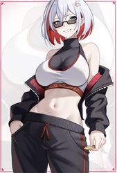  alternate_costume bare_shoulders black_jacket black_pants blue_eyes breasts coin cowboy_shot crop_top female hair_ornament holding holding_coin honkai:_star_rail honkai_(series) jacket long_sleeves looking_over_eyewear midriff navel pants short_hair solo standing stomach sunglasses tinted_eyewear topaz_(honkai:_star_rail) white_hair yan_kodiac zoom_layer 