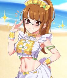  absurdres beach black-framed_eyewear blush breasts brown_eyes brown_hair commentary_request eyelashes female glasses hair_ornament happy high_ponytail highres kiratto_pri_chan long_hair looking_at_viewer midriff minami_mirei minami_mirei_(normal) mujin_(mujinzairaisen) navel ponytail pretty_series pripara rectangular_eyewear semi-rimless_eyewear skirt smile solo standing summer_maid_coord under-rim_eyewear white_skirt wrist_cuffs 