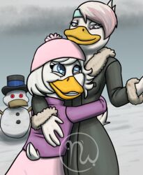  2019 accessory adolescent age_difference anatid anseriform anthro arm_over_shoulder artist_logo avian bangs beak bird blue_clothing blue_eyes blue_headband blue_headwear bottomwear button_(fastener) clothing coat digital_drawing_(artwork) digital_media_(artwork) disney duck ducktales ducktales_(2017) duo eyebrows eyelashes feathers female grey_clothing grey_coat grey_topwear hair hat headband headgear headwear hi_res hug lena_(ducktales) logo lolicon nervous nervous_smile older_female pink_eyes pink_hair purple_bottomwear purple_clothing purple_coat purple_hat purple_headwear purple_skirt purple_topwear short_hair skirt skywater smile smiling_at_each_other snow snowman stick tail tail_feathers teeth top_hat topwear toque webby_vanderquack white_body white_feathers white_hair winter winter_clothing winter_coat young younger_female 