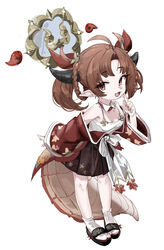  :d absurdres azur_lane bare_shoulders breasts brown_eyes brown_hair cleavage female full_body highres horns looking_at_viewer natori_(azur_lane) ocha_(popopogg) open_mouth pleated_skirt pointy_ears sandals simple_background skirt smile socks solo tabi twintails white_background white_socks 