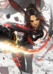  absurdres animal_ear_fluff animal_ears black_bodysuit black_hair blue_eyes bodysuit breasts dark-skinned_female dark_skin female hide_(hideout) highres holding holding_sword holding_weapon kirih_shiraishi_(sword_scream) large_breasts leaning_forward long_hair multicolored_hair original ponytail rabbit_ears red_hair solo sword two-tone_hair weapon 