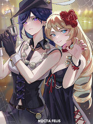  2girls alternate_costume artist_name belt belt_buckle black_belt black_corset black_dress black_gloves blonde_hair blue_hair blurry blurry_background blush breasts brown_headwear buckle choker claw_pose cleavage clorinde_(genshin_impact) closed_mouth corset dark_blue_hair detached_collar detective dress drill_hair english_commentary finger_on_trigger fingernails flag flower garlic genshin_impact gloves gun hair_flower hair_ornament halloween halloween_costume hat_feather highres holding holding_gun holding_toy holding_weapon jewelry long_hair looking_at_viewer medium_breasts multiple_girls navia_(genshin_impact) necklace nocta_felis oerba_yun_fang red_choker red_flower red_nails red_rose revolver rose sharp_fingernails shirt short_shorts shorts side_slit silk sleeveless sleeveless_shirt smile sparkle spider_web toy toy_gun vampire weapon white_flag white_shirt white_wrist_cuffs wrist_cuffs 