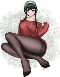  absurdres black_hair brown_pantyhose closed_mouth dismaiden earrings feet female full_body grey_hairband hairband highres invisible_floor jewelry looking_at_viewer on_ground pantyhose red_eyes red_sweater smile solo spy_x_family sweater yor_briar 