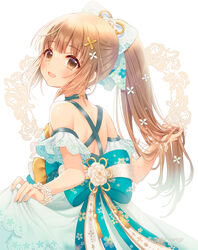  back bare_shoulders blue_bow blue_dress blue_ribbon blunt_bangs blush bow breasts brown_eyes brown_hair dot_nose dress dress_bow female floral_print flower_bracelet from_behind hair_ornament hairbow hands_up holding holding_own_hair idolmaster idolmaster_cinderella_girls idolmaster_cinderella_girls_starlight_stage long_hair looking_at_viewer looking_back open_mouth ponytail print_bow print_ribbon ribbon serino_itsuki skirt_hold sleeveless sleeveless_dress small_breasts smile solo standing very_long_hair white_background x_hair_ornament yorita_yoshino 