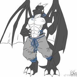  1:1 2017 3_toes abs angry anthro barefoot belly belly_markings belt black_body black_scales blue_markings blue_tattoo bottomwear brown_eyes clothed clothing countershade_neck countershade_torso countershading dated digital_media_(artwork) dragon facial_spikes fansl feet fist frown grey_bottomwear grey_clothing grey_pants hand_on_side horn jaw_spikes looking_at_viewer male markings membrane_(anatomy) membranous_wings muscular muscular_anthro muscular_male mythological_creature mythological_scalie mythology navel neck_markings occult_symbol pants parede_(tsgmorven) pecs pentagram raised_arm raised_fist rope rope_belt scales scalie signature simple_background solo spikes spikes_(anatomy) standing star_tattoo symbol tail tattoo toes topless topless_anthro topless_male weibo weibo_logo white_background white_body white_horn white_scales white_spikes wings 