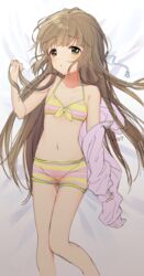  bare_shoulders bed_sheet blunt_bangs blush bra breasts brown_eyes brown_hair cleavage clenched_hand clothes_down collarbone dot_nose female from_above front-tie_bra hand_up idolmaster idolmaster_cinderella_girls idolmaster_cinderella_girls_starlight_stage jacket long_hair long_sleeves looking_at_viewer lying midriff navel off_shoulder on_back on_bed oonishi_nishio parted_lips pink_jacket shy small_breasts solo striped_bra striped_clothes two-tone_bra two-tone_shorts underwear very_long_hair yorita_yoshino 