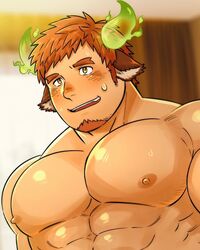  1boy abs animal_ears arms_at_sides bara blush brown_hair cow_boy cow_ears cow_horns daisukebear eye_black facial_hair fiery_horns forked_eyebrows glowing_horns highres horns indoors large_pectorals long_sideburns looking_ahead male_focus muscular muscular_male nervous_smile nipples nude paid_reward_available pectorals plump short_hair sideburns sideburns_stubble smile solo spiked_hair stubble sweat sweatdrop thick_eyebrows tokyo_afterschool_summoners upper_body wakan_tanka 