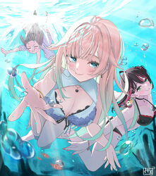  3girls absurdres air_bubble aizawa_ema aizawa_ema_(summer_c102) ass asumi_sena asumi_sena_(summer_c102) barefoot bikini bird black_bikini black_hair blonde_hair blue_bikini blue_eyes blue_hair blush bracelet breasts bubble cat_necklace cleavage closed_eyes earrings fish floral_print front-tie_bikini_top front-tie_top gradient_hair green_eyes grey_hair hair_intakes highres hizuki_yui holding_breath jacket jewelry lace-trimmed_bikini lace_trim large_breasts light_rays long_hair looking_at_viewer medium_breasts multicolored_hair multiple_girls mussan neo-porte penguin pink_hair pink_nails red_bikini shrug_(clothing) smile streaked_hair swimming swimsuit underwater very_long_hair virtual_youtuber vspo! white_jacket 