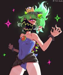  ass_visible_through_thighs black_background blue_leotard bowsette_jr. breasts commentary_request covered_mouth covered_navel crown doodle_shark earrings female fiery_hair fingernails green_hair green_horns highres horns jewelry korean_commentary leotard mario_(series) mask mixed-language_commentary mouth_mask new_super_mario_bros._u_deluxe petite pink_eyes pointy_ears sharp_fingernails simple_background small_breasts solo sparkle spiked_shell strapless strapless_leotard super_crown super_mario_bros._wonder twitter_username wonder_bowser_jr. 