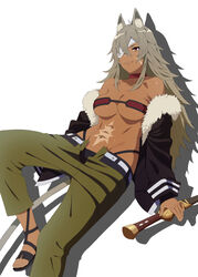  alternate_breast_size animal_ears bad_id bad_pixiv_id breasts choker eyepatch female fur-trimmed_jacket fur_trim ghislaine_dedoldia green_pants grey_hair highleg highleg_panties highres jacket long_hair medium_breasts muscular muscular_female mushoku_tensei one-eyed open_pants panties pants plain_222 red_choker red_eyes sandals scar scar_on_cheek scar_on_face scar_on_stomach simple_background solo sword tail underwear weapon 