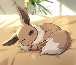  2023 3_toes :&lt; ambiguous_gender bar_emanata bed bed_sheet bedding blush brown_body brown_ears brown_eyes brown_fur brown_inner_ear brown_pupils canid colored day detailed_background digital_media_(artwork) dipstick_tail eevee emanata feet feral fluffy fluffy_tail full-length_portrait fur furniture generation_1_pokemon glistening glistening_eyes hi_res inside kaminokefusa kemono light looking_at_viewer lying mammal markings multicolored_body multicolored_fur multicolored_tail neck_tuft nintendo on_bed on_side one_eye_closed pawpads pink_pawpads plant pokemon pokemon_(species) portrait pupils quadruped shaded side_view solo sunlight tail tail_markings tan_body tan_fur tan_tail tan_tail_tip tired toes tuft two_tone_body two_tone_fur two_tone_tail 