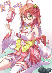  ahoge alternate_costume bell bespectacled breasts brown-framed_eyewear cherry_blossom_print commentary_request controller d: detached_sleeves female floral_print game_controller glaring glasses green_eyes hair_bell hair_ornament highres holding holding_rattle hololive jitome knees_out_of_frame long_hair looking_at_viewer medium_breasts open_mouth qussie rattle rectangular_eyewear ribbon sakura_miko sakura_miko_(1st_costume) semi-rimless_eyewear sideboob sideless_kimono sitting solo sound_effects thighhighs under-rim_eyewear virtual_youtuber wariza white_background white_thighhighs 