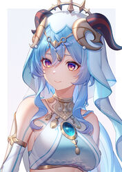  bare_shoulders blue_hair breasts brooch commentary_request cosplay crop_top detached_sleeves female ganyu_(genshin_impact) genshin_impact hair_between_eyes horns jewelry lightria long_hair medium_breasts neck_ring nilou_(genshin_impact) nilou_(genshin_impact)_(cosplay) purple_eyes simple_background smile solo upper_body veil very_long_hair 