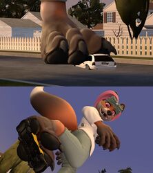  3d_(artwork) anthro canid canine car destruction digital_media_(artwork) female foot_crush fox hair hi_res jeroen01 macro mammal motor_vehicle pawperty_damage pink_hair rache_(pawperty_damage) scientist size_difference stomping vehicle 