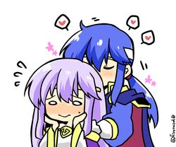  1boy blue_cape blue_hair blush brother_and_sister cape circlet dress embarrassed female fire_emblem fire_emblem:_genealogy_of_the_holy_war hands_on_own_cheeks hands_on_own_face headband heart implied_incest incest julia_(fire_emblem) ponytail purple_hair seliph_(fire_emblem) siblings simple_background smelling_hair white_headband yukia_(firstaid0) 