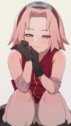  5_nan_(5nan_5nan) animated animated black_gloves blinking commentary_request elbow_pads female forehead_protector gloves green_eyes hairband hands_up highres knees_to_chest looking_at_viewer looping_animation naruto_(series) naruto_shippuuden own_hands_together pink_hair red_hairband red_shirt sakura_haruno shirt short_hair sitting sleeveless sleeveless_shirt smile solo white_background 