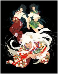  1boy 2girls acrylic_paint_(medium) animal_ears black_background black_hair clenched_teeth closed_eyes closed_mouth clothes_lift collared_shirt commentary detached_sleeves dog_ears english_commentary feet_out_of_frame fingernails floral_print frown green_sailor_collar green_skirt hakama higurashi_kagome inuyasha inuyasha_(character) japanese_clothes jewelry kikyou_(inuyasha) kimono kneehighs leg_up long_hair long_sleeves looking_at_viewer marker_(medium) miko miniskirt multiple_girls navel neckerchief necklace outstretched_hand painting_(medium) pants red_hakama red_kimono red_neckerchief red_pants sailor_collar sailor_shirt sharp_fingernails shirt shirt_lift short_sleeves simple_background skirt socks stomach striped_collar teeth thick_eyebrows traditional_media upper_body very_long_hair wavy_hair white_hair white_shirt white_sleeves white_socks wide_sleeves yellow_eyes yutaan 