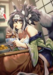  ! animal_ear_fluff animal_ears bare_shoulders black_choker black_hair blurry blurry_background bowl breasts choker chopsticks cleavage commentary_request criss-cross_halter eating female fingernails food fox_ears fox_tail grey_eyes halterneck haori headband highres holding holding_chopsticks japanese_clothes kamaboko kionaoki kotatsu large_breasts long_fingernails narutomaki noodles original ponytail solo table tail translation_request udon white_nails 