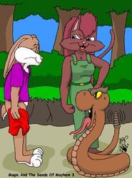  angry anthro blue_eyes bottomless breasts brown_body brown_fur brown_scales closed_eyes clothed clothing female feral forest fur green_clothing group hair kthanid_(artist) male overalls pink_nose pit_viper plant randy_rabbit rattlesnake red_hair reptile rutwell_forest scales scalie serenakty serpentine snake sylvester_s._svengal_esq. toony tree trio viper yellow_eyes 