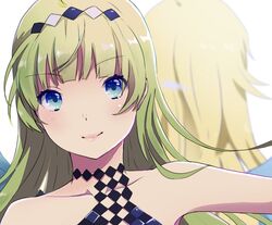  2girls argyle_clothes argyle_collar argyle_dress argyle_hairband back-to-back bare_arms black_collar black_hairband blonde_hair blue_eyes blunt_bangs close-up closed_mouth collar collared_dress commentary_request dress eyelashes grey_hair hairband highres hoshii_miki idolmaster idolmaster_million_live! light_blush long_hair looking_at_viewer multiple_girls outstretched_arm pink_lips shimabara_elena simple_background smile straight-on two-tone_hairband upper_body white_background white_hairband witoi_(roa) 