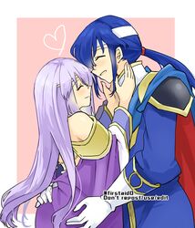  1boy bare_shoulders blue_hair brother_and_sister cape circlet closed_eyes dress female fire_emblem fire_emblem:_genealogy_of_the_holy_war headband holding hug implied_incest incest julia_(fire_emblem) purple_hair reaching_towards_another seliph_(fire_emblem) siblings simple_background white_headband yukia_(firstaid0) 