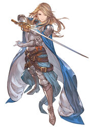  armor armored_boots belt boobplate boots breastplate brown_hair cape closed_mouth earrings female full_body gauntlets granblue_fantasy granblue_fantasy_versus highres holding holding_sword holding_weapon jewelry katalina_(granblue_fantasy) knee_boots lips long_hair minaba_hideo official_art one_eye_closed pauldrons ribbon sheath shoulder_armor simple_background smile solo standing sword weapon white_background 