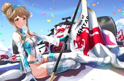  bare_shoulders blue_sky blush boots breasts brown_hair car cleavage cloud confetti covered_navel day detached_sleeves earrings female flag formula_racer gloves hair_bun hairband high_heels highleg highleg_leotard highres idolmaster idolmaster_million_live! jewelry leotard long_hair looking_at_viewer medium_breasts motor_vehicle open_mouth outdoors race_queen race_vehicle racecar run_p_(aveton) scarf shoes sidelocks sitting sky smile solo tenkubashi_tomoka thigh_boots thighhighs thighs two-tone_gloves two-tone_leotard white_footwear yellow_eyes zipper 