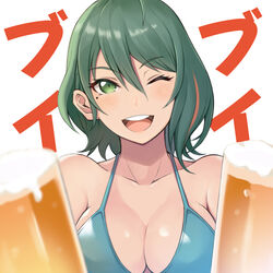  alcohol bare_shoulders beer beer_mug bikini blue_bikini breasts cleavage collarbone commentary_request cup dead_or_alive dead_or_alive_6 dead_or_alive_xtreme female green_eyes green_hair hair_between_eyes konishiki_(52siki) large_breasts mole mole_under_eye mug multicolored_hair one_eye_closed red_hair short_hair solo streaked_hair swimsuit tamaki_(doa) white_background 