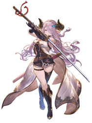  asymmetrical_footwear bare_shoulders belt blue_eyes boots braid coat draph elbow_gloves female fingerless_gloves full_body gloves granblue_fantasy granblue_fantasy_versus hair_ornament hair_over_one_eye highres holding holding_sword holding_weapon horns katana knee_boots minaba_hideo narmaya_(granblue_fantasy) official_art parted_lips pink_hair pointy_ears sheath simple_background sleeveless solo standing sword thigh_boots thigh_strap thighhighs uneven_footwear weapon white_background 