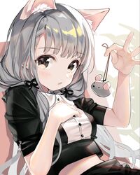  black_dress brown_eyes collared_dress dress female grey_hair hair_ribbon hand_on_own_chest highres hisakawa_nagi holding idolmaster idolmaster_cinderella_girls kanda_done kemonomimi_mode long_hair looking_at_viewer lying on_back open_mouth ribbon short_sleeves solo toy_mouse 