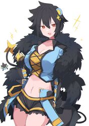  animal_ears black_hair black_shorts breasts cleavage collarbone crop_top female highres large_breasts long_sleeves looking_at_viewer luxray midriff navel oerba_yun_fang open_mouth personification pokemon red_eyes sakuragi_raia short_hair short_shorts shorts smile solo tail 