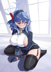  3: absurdres ako_(blue_archive) arm_support ass bed bed_sheet bell black_gloves blue_archive blue_eyes blue_hair blush breast_hold breasts commentary_request dishui_tangni ear_piercing female garter_straps gloves hair_between_eyes hairband highres indoors large_breasts long_hair long_sleeves looking_at_viewer neck_bell piercing sideboob sideless_outfit sideless_shirt sidelocks sitting solo wariza window 