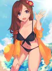  bare_shoulders beach bikini black_bikini blue_sky blush breasts brown_hair cleavage collarbone commentary_request day fate/grand_order fate_(series) female flower grey_eyes hair_flower hair_ornament highres jacket large_breasts long_hair long_sleeves looking_at_viewer mata_hari_(fate) navel off_shoulder open_clothes open_jacket open_mouth orange_jacket outdoors partial_commentary sky smile solo swimsuit thighs ugmnmn 