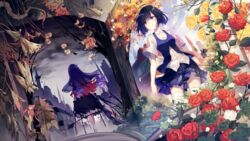  2girls anira_(benghuai_xueyuan) back benghuai_xueyuan black_dress blue_eyes blue_hair blue_skirt blue_sky blue_vest bob_cut city closed_mouth dress drill_hair flower grey_sky highres honkai_(series) multiple_girls official_art outdoors red_flower red_rose rose seele_vollerei seele_vollerei_(swallowtail_phantasm) shirt short_hair short_sleeves skirt sky tattoo thighhighs third-party_source twin_drills veil vest white_legwear white_shirt withered yellow_flower yellow_rose 