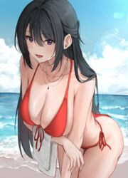  absurdres ass bad_id bad_pixiv_id beach bikini black_hair breasts collarbone commentary_request day female hand_towel highres horizon jewelry large_breasts lens_flare necklace ocean open_mouth orange_bikini original outdoors po_ppe purple_eyes red_bikini shore side-tie_bikini_bottom solo sunlight sweat swimsuit thick_thighs thighs 