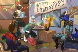  2k_games 3:2 anthro birthday birthday_cake borderlands cake canid canine canis claptrap clothing dante_kinkade dessert domestic_dog druidogger food gift group happy hat headgear headwear hi_res machine male mammal party_hat robot wolf 