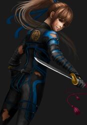  black_background black_bodysuit blue_ribbon bodysuit brown_eyes brown_hair bruise bruise_on_face dead_or_alive dead_or_alive_6 dutch_angle female floating_hair from_behind hair_between_eyes hair_ribbon high_ponytail highres holding holding_sword holding_weapon injury kasumi_(doa) kyel_hyde long_hair looking_at_viewer looking_back parted_lips ribbon solo standing sword torn_clothes weapon 