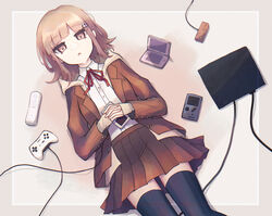  :o black_thighhighs blunt_bangs brown_eyes brown_hair brown_jacket brown_skirt collared_shirt commentary controller danganronpa_(series) danganronpa_3_(anime) dress_shirt female from_above galaga game_boy game_boy_(original) game_console game_controller glasses hair_ornament handheld_game_console highres hope&#039;s_peak_academy_school_uniform inase_(inasenanaki) jacket long_sleeves looking_at_viewer lying md5_mismatch medium_hair miniskirt nanami_chiaki neck_ribbon nintendo_ds on_back open_clothes open_mouth own_hands_together pleated_skirt red_ribbon resolution_mismatch ribbon school_uniform shirt simple_background skirt solo source_larger spaceship_hair_ornament thighhighs white_shirt wii_remote zettai_ryouiki 