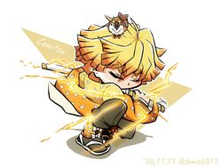  1boy agatsuma_zenitsu bird blonde_hair bow character_name chibi chuntarou_(kimetsu_no_yaiba) closed_eyes demon_slayer_uniform fighting_stance gradient_jacket haori holding holding_sword holding_weapon jacket japanese_clothes katana kimetsu_no_yaiba male_focus print_jacket sandals sheath sheathed shokkaa_(shmz61312) solo sparkling_eyes sparrow sword triangle_print v-shaped_eyebrows weapon white_bow 