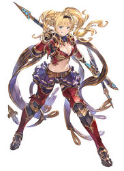  armor armored_boots belt bikini_armor blonde_hair blue_eyes boots breasts cleavage detached_sleeves female full_body gauntlets granblue_fantasy granblue_fantasy_versus hairband holding holding_weapon long_hair medium_breasts midriff minaba_hideo navel official_art parted_lips polearm simple_background skirt smile solo standing stomach thighhighs twintails weapon white_background zeta_(granblue_fantasy) 