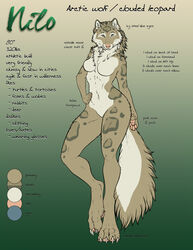  absurd_res anthro arctic_wolf big_feet breasts canid canine canis claws clouded_leopard english_text feet felid female hi_res hybrid jocarra long_legs long_tail mammal model_sheet nilo_(cardinilo) pantherine pawpads solo tail tan_nose tan_pawpads tan_paws text toe_claws wolf 