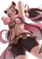  ahoge animal_ears armpits arms_up backlighting bare_arms bear_ears bear_girl bear_tail bike_shorts bike_shorts_under_skirt black_hair breasts brown_eyes closed_mouth coat cuffs dutch_angle ezo_brown_bear_(kemono_friends) female floating_hair from_below fur_cuffs grey_hair hair_between_eyes headband highres holding holding_clothes holding_headband holding_microphone kemono_friends long_hair looking_at_viewer medium_breasts microphone multicolored_hair necktie okyao open_clothes open_coat shirt solo tail torn_clothes torn_sleeves twintails unworn_headband very_long_hair 