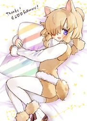  alpaca_ears alpaca_girl alpaca_suri_(kemono_friends) alpaca_tail animal_ears blue_eyes commentary_request female fur_trim hair_bun hair_over_one_eye hair_tubes highres hugging_object kemono_friends long_sleeves looking_at_viewer noamem on_bed pantyhose pillow pillow_hug scarf shirt short_hair short_shorts shorts single_hair_bun solo striped_pillow tail vest white_fur white_hair white_pantyhose white_shirt 