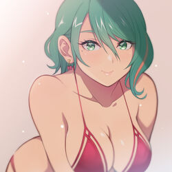  bikini blush breasts cleavage commentary_request dead_or_alive dead_or_alive_6 dead_or_alive_xtreme earrings female green_eyes green_hair hair_between_eyes heart heart_earrings jewelry konishiki_(52siki) large_breasts leaning_forward lipstick makeup mole mole_under_eye multicolored_hair orange_hair pink_background pink_lips red_bikini short_hair smile solo streaked_hair swimsuit tamaki_(doa) 