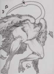  absurd_res avian big_legs bird blush feathered_wings feathers female feral hi_res ink long_beak musical_note solo squishymare thick_thighs traditional_media_(artwork) whistling wings 