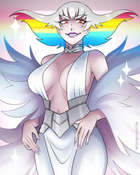  artist_name breasts brown_eyes commentary cowboy_shot dangerousbride dress female fingernails grey_hair highres jewelry kill_la_kill kiryuuin_ragyou large_breasts long_fingernails multicolored_hair neck_ring pale_skin parted_lips plunging_neckline purple_lips purple_nails rainbow_hair smile solo sparkle white_dress 