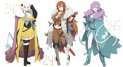  3girls black_footwear blonde_hair blue_footwear boots breasts brown_hair cleavage dangle_earrings earrings entei gloves highres jewelry knee_boots large_breasts multicolored_hair multiple_girls personification pokedex_number pokemon purple_hair raikou red_eyes red_gloves red_hair sakuragi_raia short_hair simple_background suicune thigh_boots white_background white_footwear 