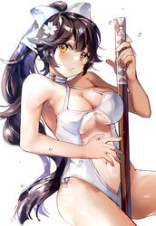  azur_lane black_hair bokken bow breasts casual_one-piece_swimsuit cleavage clothing_cutout commentary_request cowboy_shot criss-cross_halter female hair_flaps halterneck large_breasts long_hair navel_cutout official_alternate_costume one-piece_swimsuit ponytail ribbon simple_background sitting solo swimsuit sword takao_(azur_lane) takao_(beach_rhapsody)_(azur_lane) tatara_maguro weapon white_background white_bow white_one-piece_swimsuit white_ribbon wooden_sword 